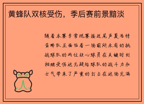 黄蜂队双核受伤，季后赛前景黯淡